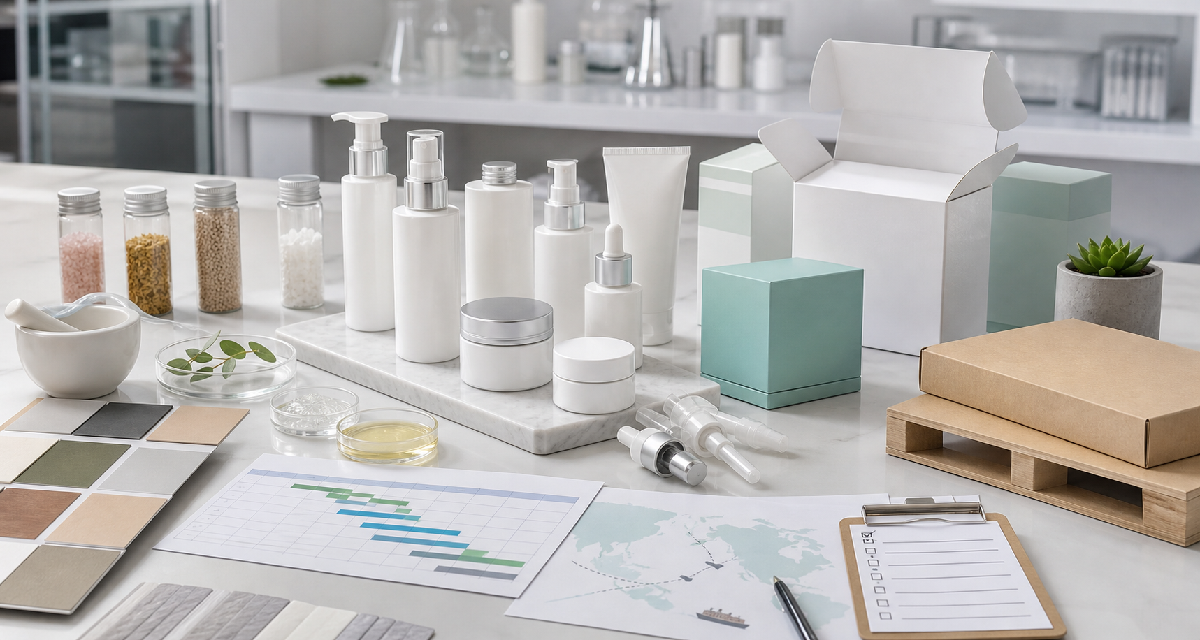 How Supply Chain Strength Helps Cosmetic Brands Launch Unbranded cosmetic supply chain planning with skincare packaging samples lab materials and export documents