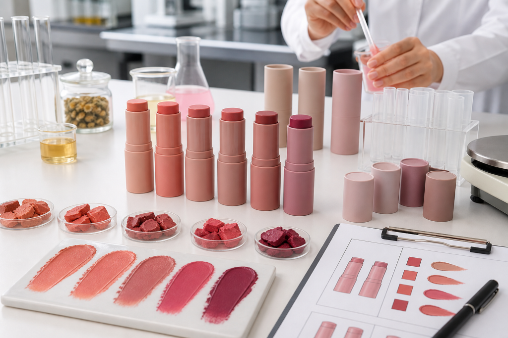 Unbranded cream blush stick samples with shade swatches and packaging components in a cosmetics development lab