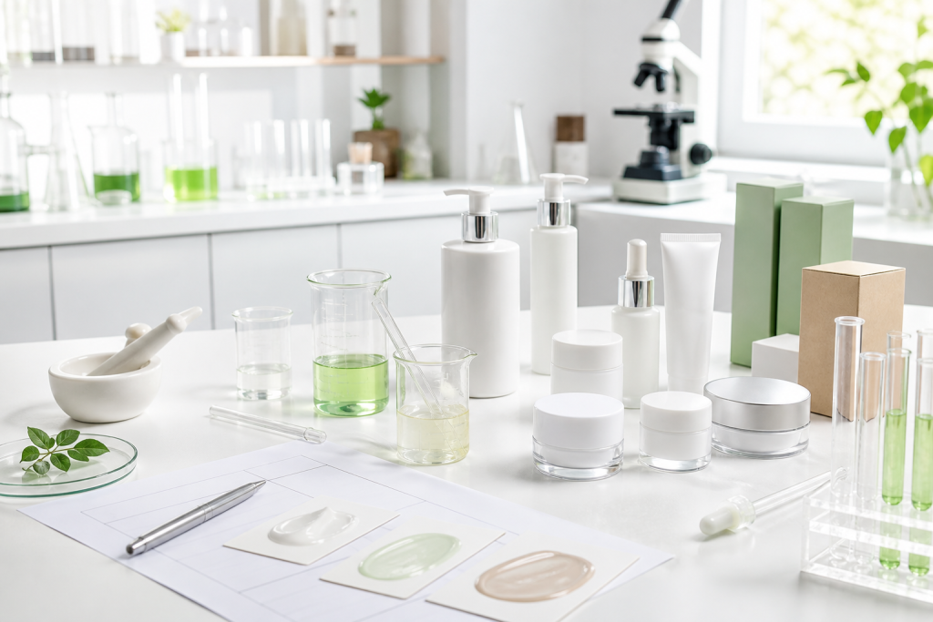 Cosmetic formula development workspace with unbranded skincare bottles sample jars beakers packaging and lab tools