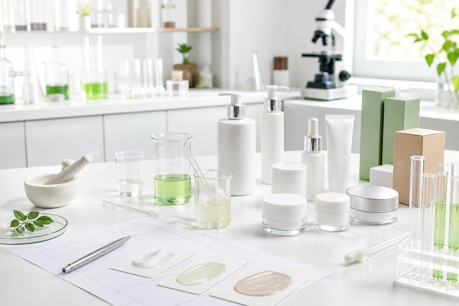 Can a Manufacturer Help Create a New Formula? Cosmetic formula development workspace with unbranded skincare bottles sample jars beakers packaging and lab tools