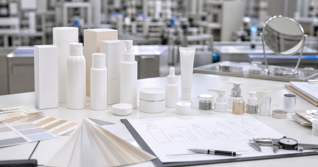 Custom cosmetic packaging case study with unbranded skincare bottles jars cartons pumps label swatches and quality inspection tools