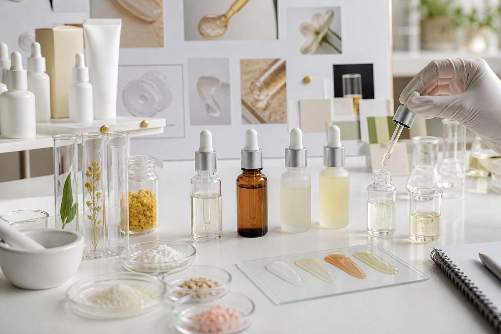 How We Helped a Beauty Brand Develop a Custom Serum Custom serum case study with unbranded dropper bottles, lab vials, texture swatches, packaging mockups and sample development workflow