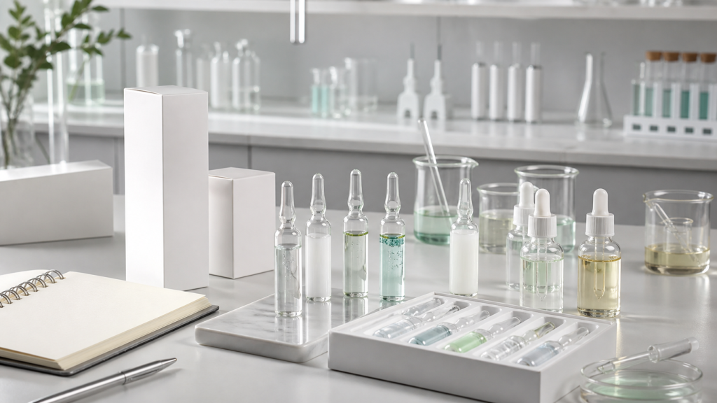 How to Develop Skincare Ampoules for a Beauty Brand Unbranded skincare ampoule development samples with cosmetic lab glassware blank packaging and quality control tools