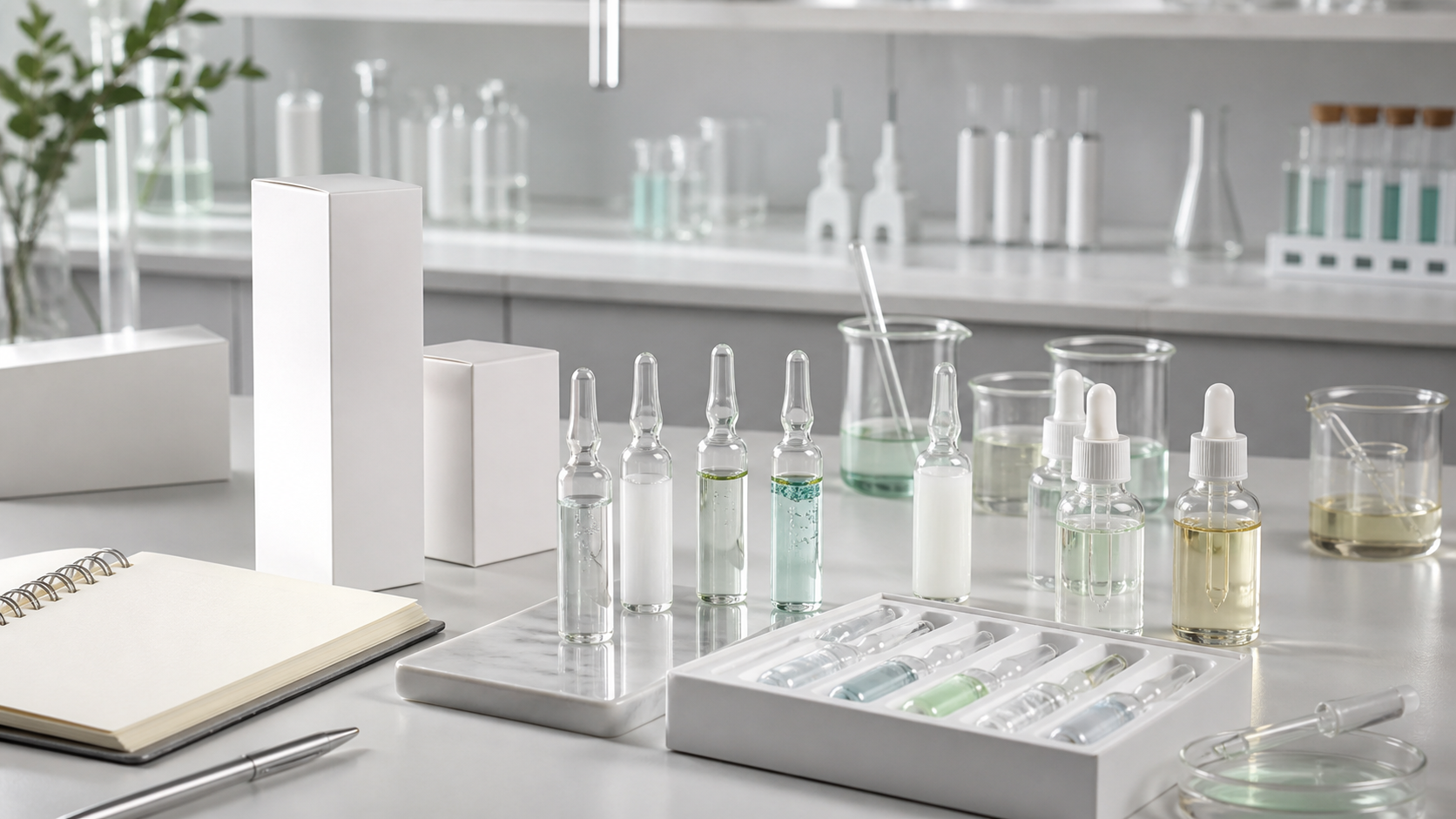 Comment développer des ampoules de soin pour une marque de beauté Échantillons d’ampoules de soin sans marque, verrerie de laboratoire, emballages vierges et outils de contrôle qualité