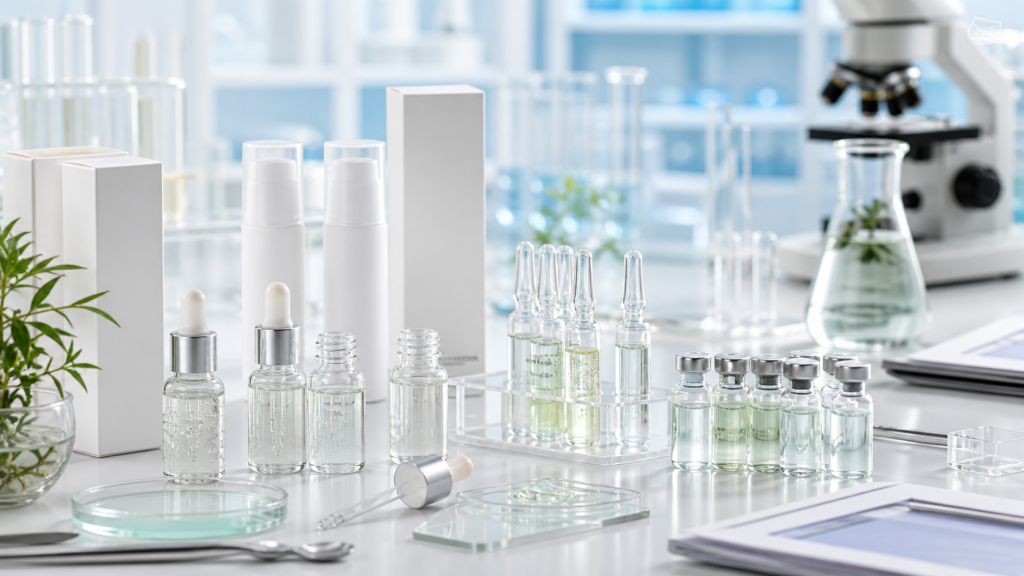 Exosome Skincare OEM/ODM Guide for Beauty Brands Exosome skincare OEM ODM development with unbranded serum ampoules airless bottles ingredient vials stability samples and blank packaging mockups
