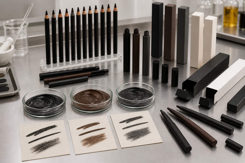 Eyeliner Pencil OEM/ODM Guide for Beauty Brands Unbranded eyeliner pencil OEM/ODM development with pigment samples, formula dishes, blank casing tubes, and packaging prototypes