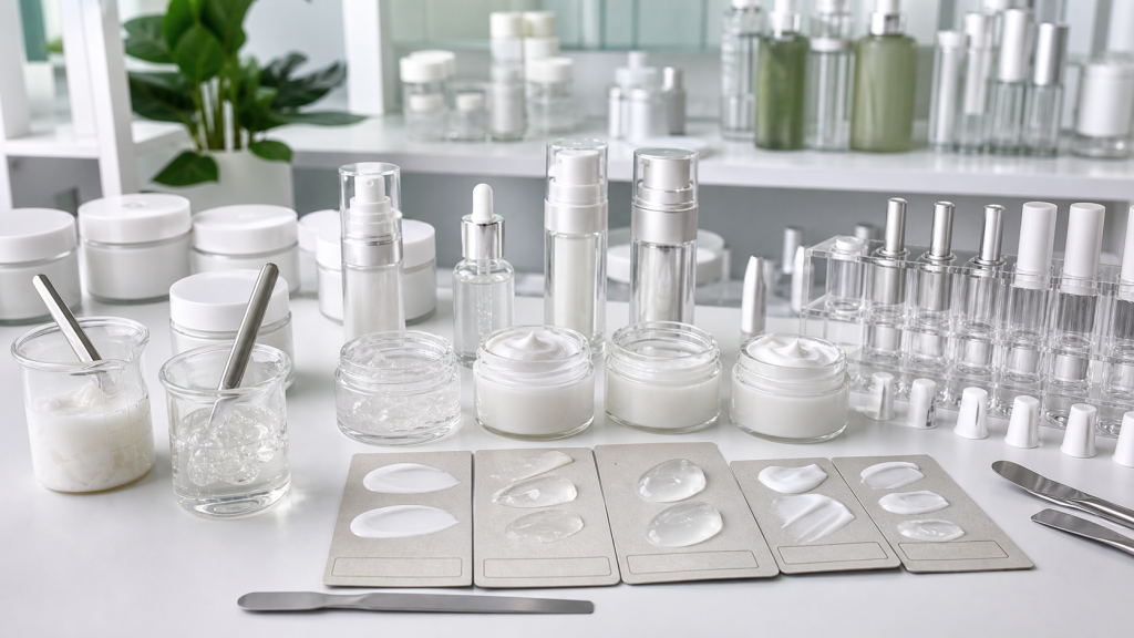 Feedback de textura de fórmula durante el desarrollo de muestras cosméticas con muestras de skincare, herramientas de laboratorio y packaging