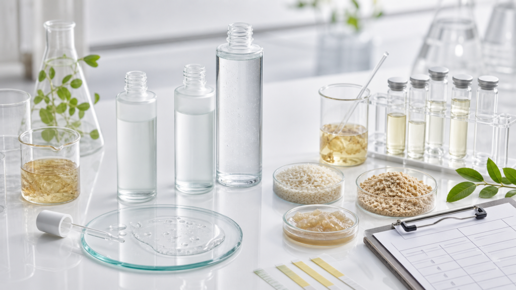 Fermented Essence OEM/ODM Guide for Beauty Brands Fermented essence OEM ODM development with unbranded essence bottles, rice ferment ingredients, lab beakers, pH strips and QC checklist
