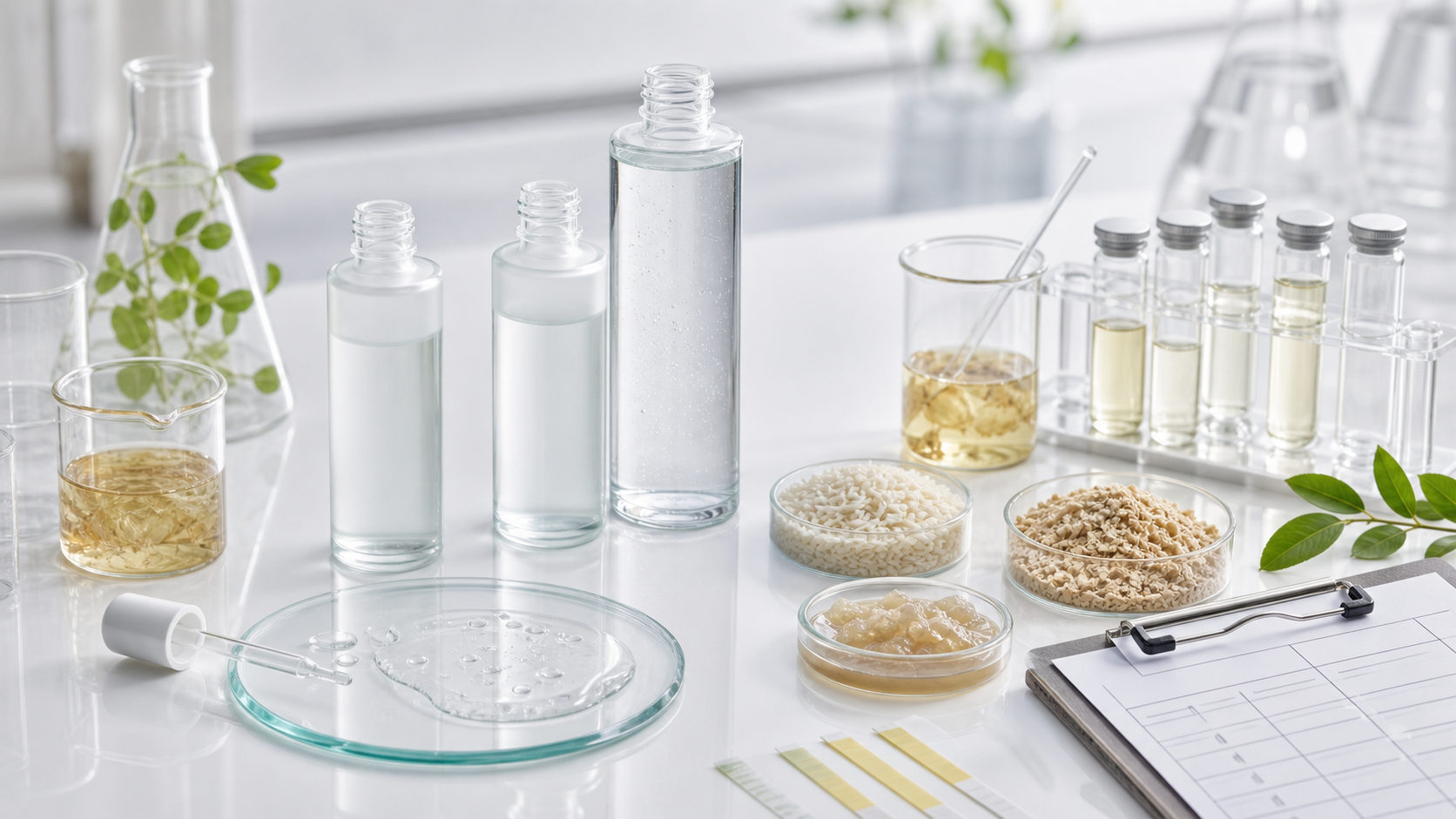 Fermented Essence OEM/ODM Guide for Beauty Brands Fermented essence OEM ODM development with unbranded essence bottles, rice ferment ingredients, lab beakers, pH strips and QC checklist