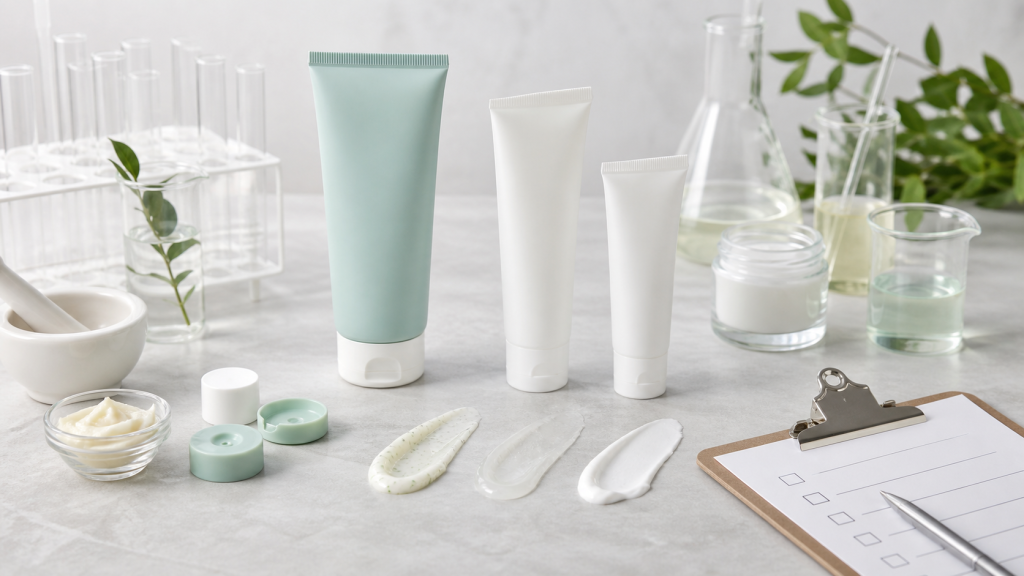 Unbranded foot cream tube samples with cream swatches and QC planning materials in a cosmetics development lab