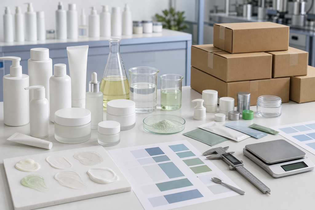Cosmetic product cost planning with unbranded packaging samples formula beakers MOQ cartons and quality control tools