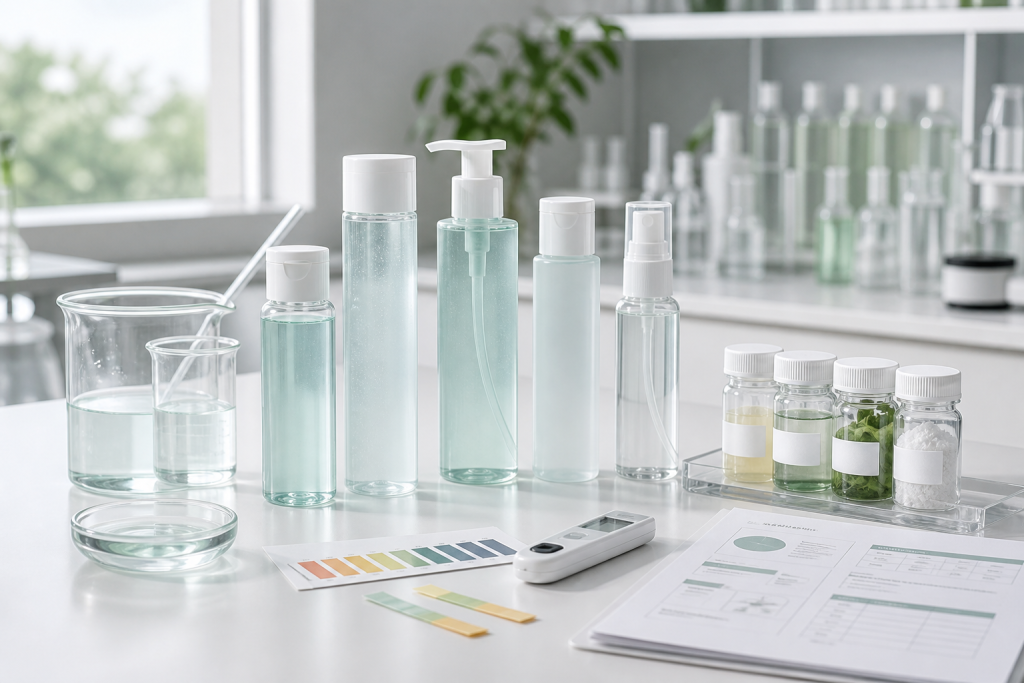Gentle PHA Toner OEM/ODM Guide for Beauty Brands Unbranded gentle PHA toner development samples with pH strips, packaging components, and lab beakers
