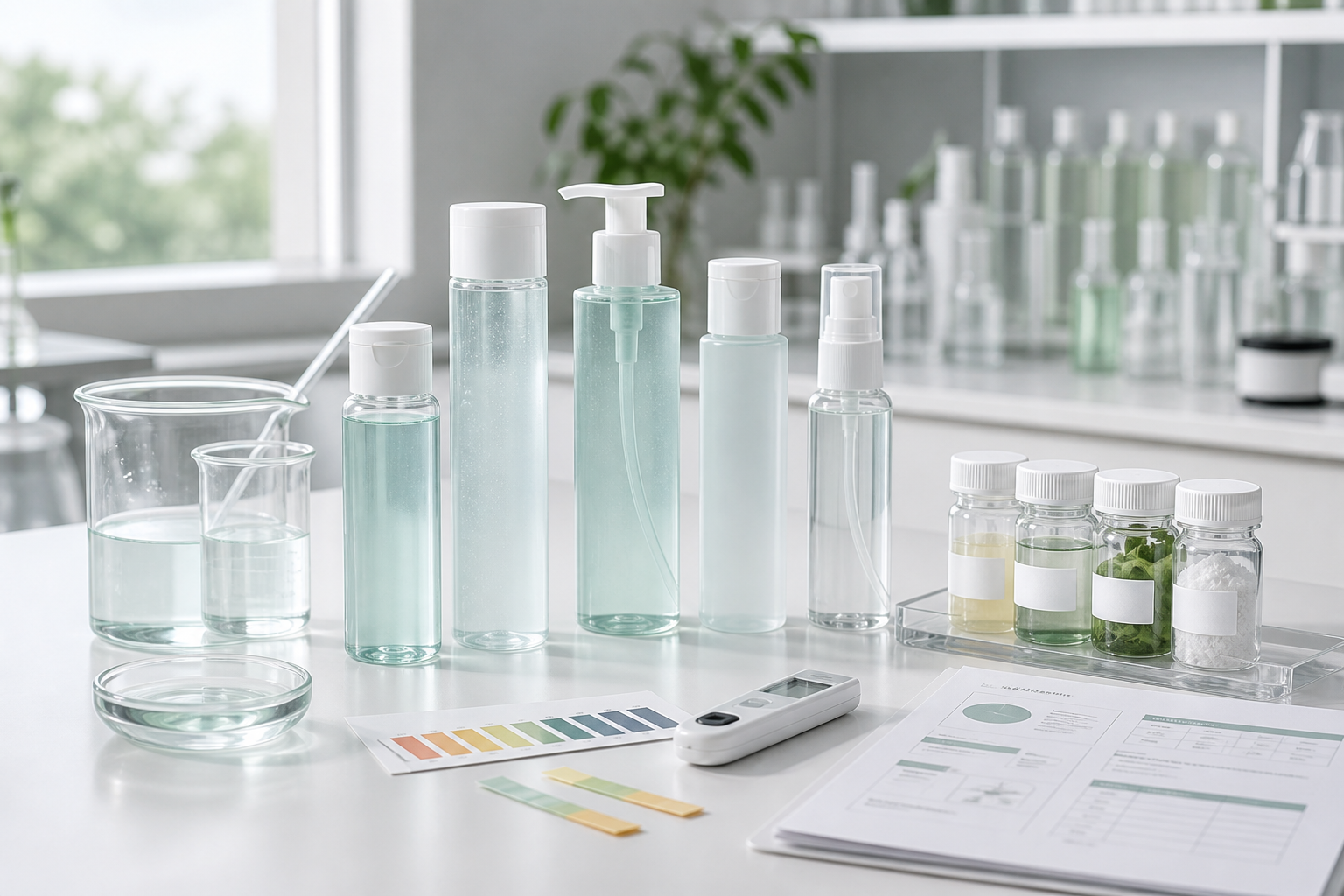Unbranded gentle PHA toner development samples with pH strips, packaging components, and lab beakers