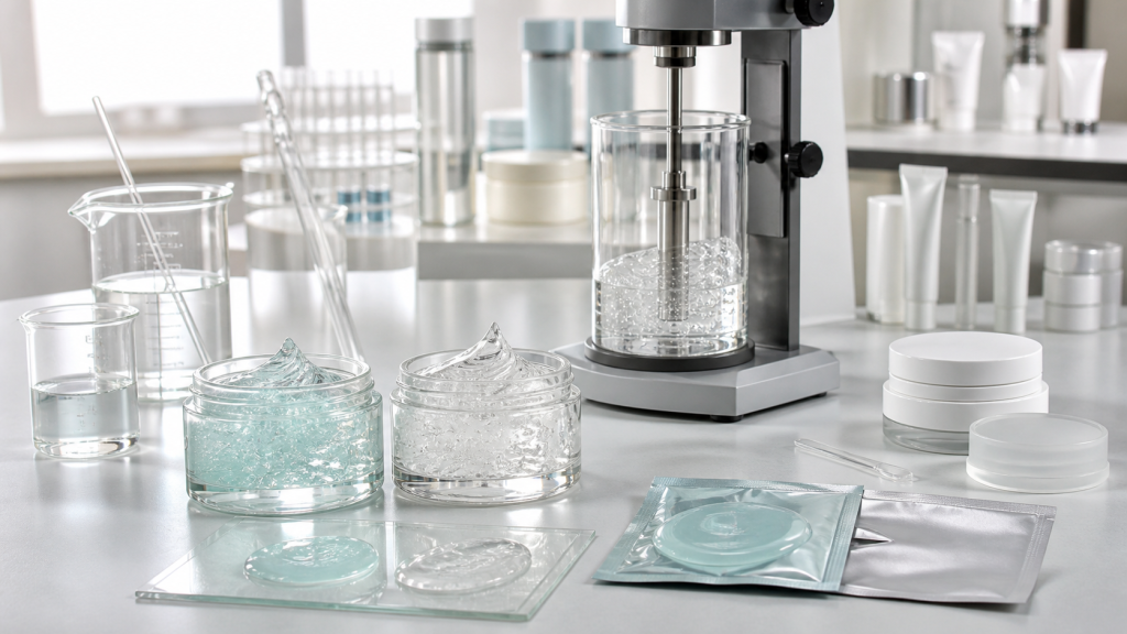 Glass Skin Gel Mask OEM/ODM Guide for Brands Glass skin gel mask OEM ODM formulation samples and packaging prototypes in a cosmetic laboratory