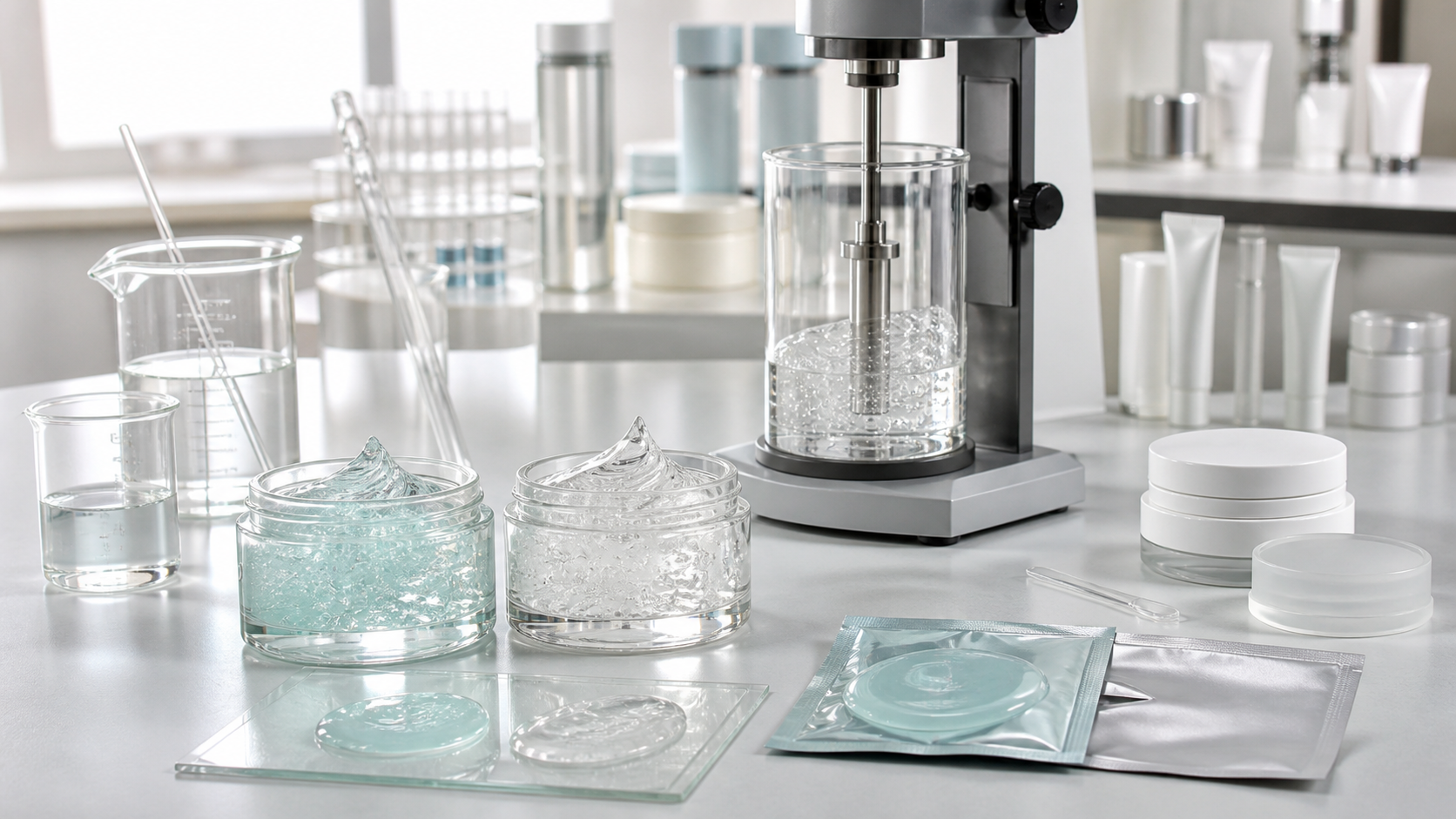 Glass Skin Gel Mask OEM/ODM Guide for Brands Glass skin gel mask OEM ODM formulation samples and packaging prototypes in a cosmetic laboratory