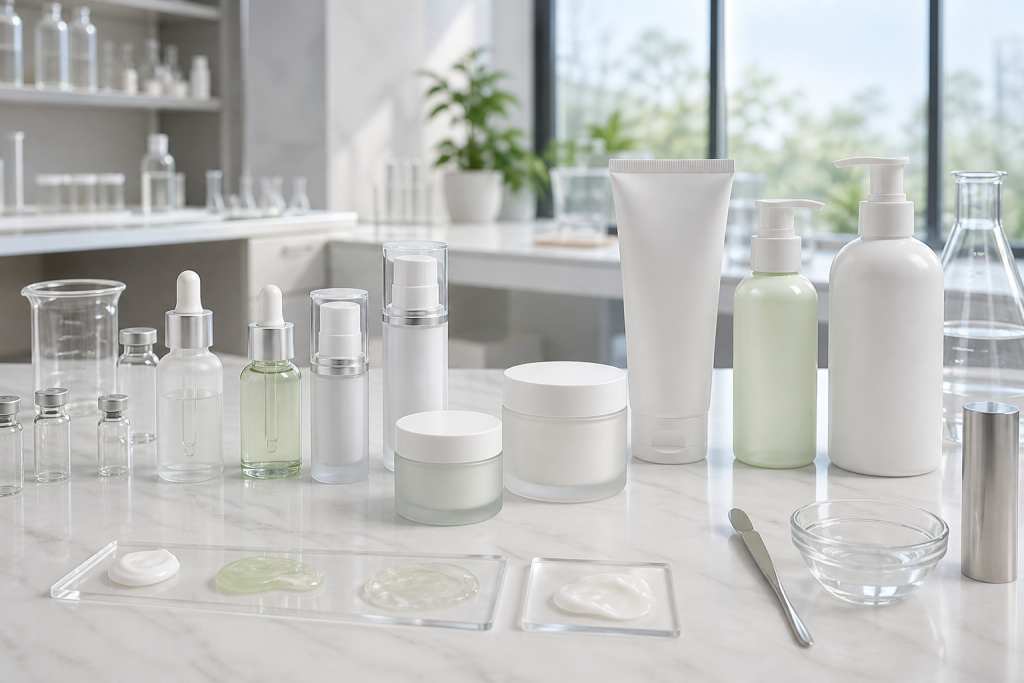 Guía de capacidad de envases cosméticos para cuidado de la piel Guía de capacidad de envases cosméticos con frascos, tarros, tubos, viales de muestra, bombas y herramientas de laboratorio para cuidado de la piel