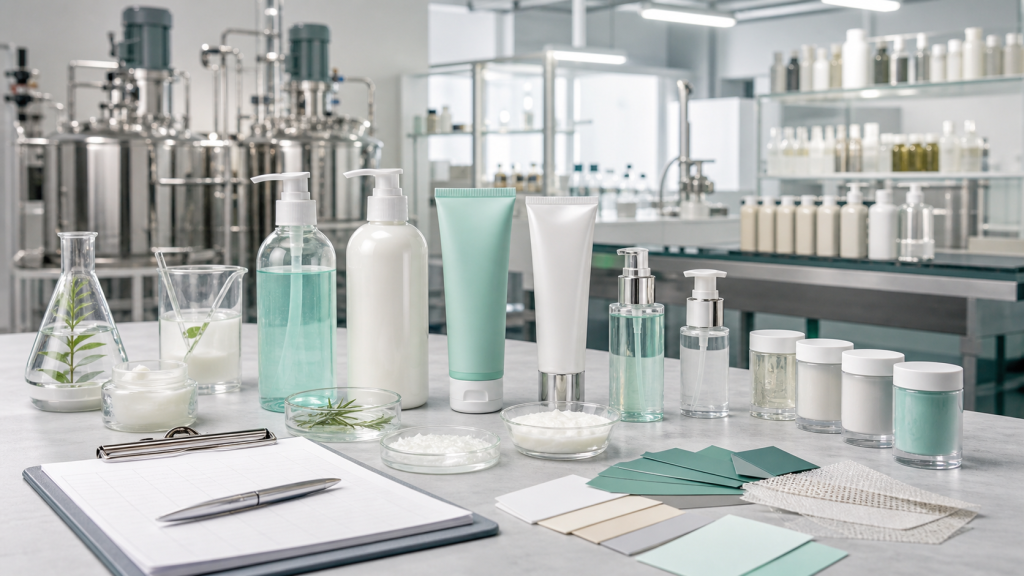 Hair Care OEM Manufacturing: A Guide for Beauty Brands Hair care OEM manufacturing with unbranded shampoo conditioner and hair essence packaging in a cosmetic factory lab