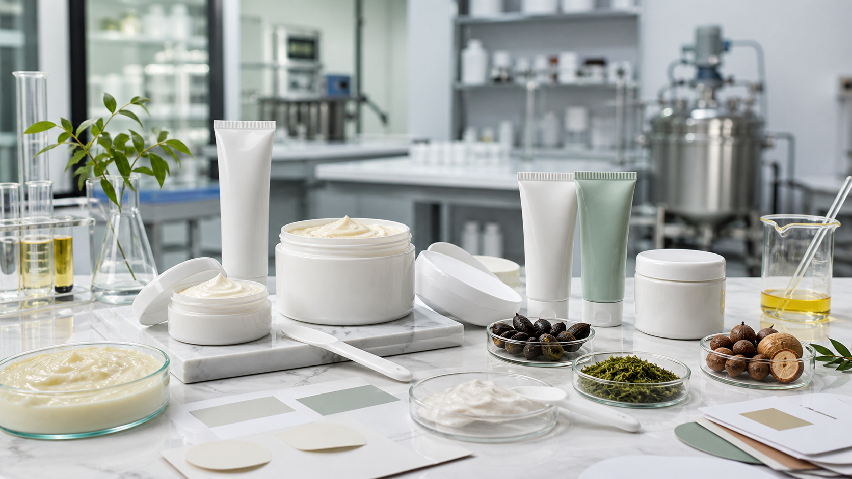Hair mask product development with unbranded jars tubes creamy formula samples and packaging in a cosmetic lab
