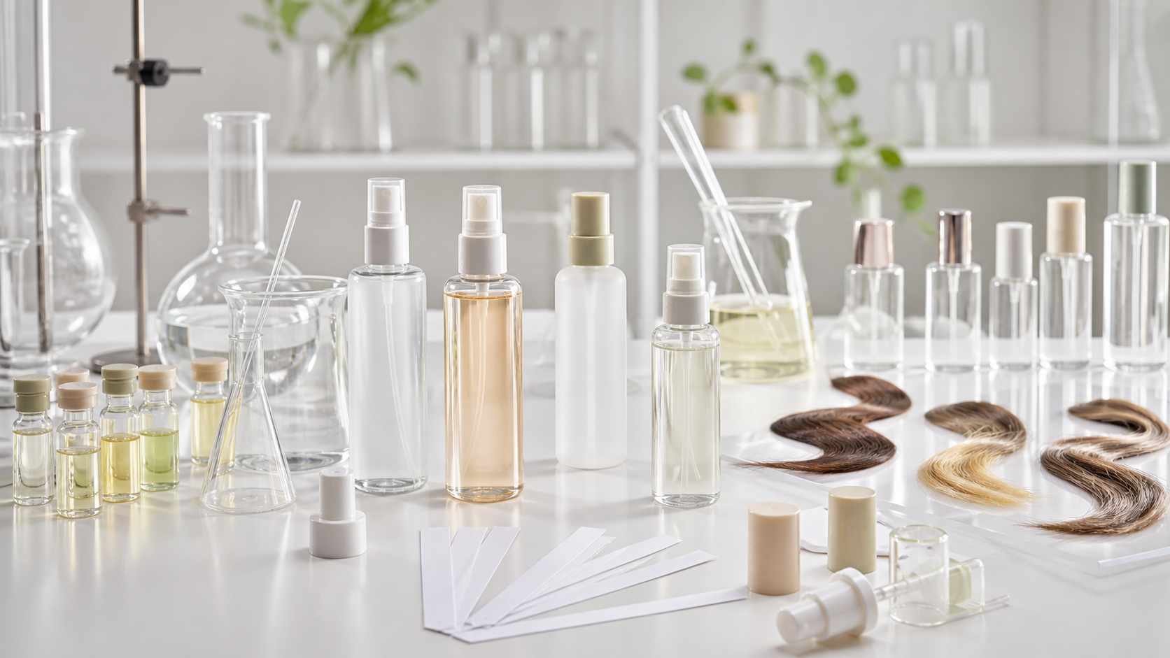 Hair perfume OEM ODM fragrance mist samples and unbranded spray packaging in a cosmetic laboratory