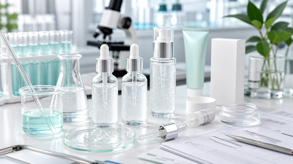 Hyaluronic Acid Serum Manufacturer Guide for Brands Hyaluronic acid serum OEM ODM development with unbranded serum bottles clear gel samples lab glassware and blank packaging