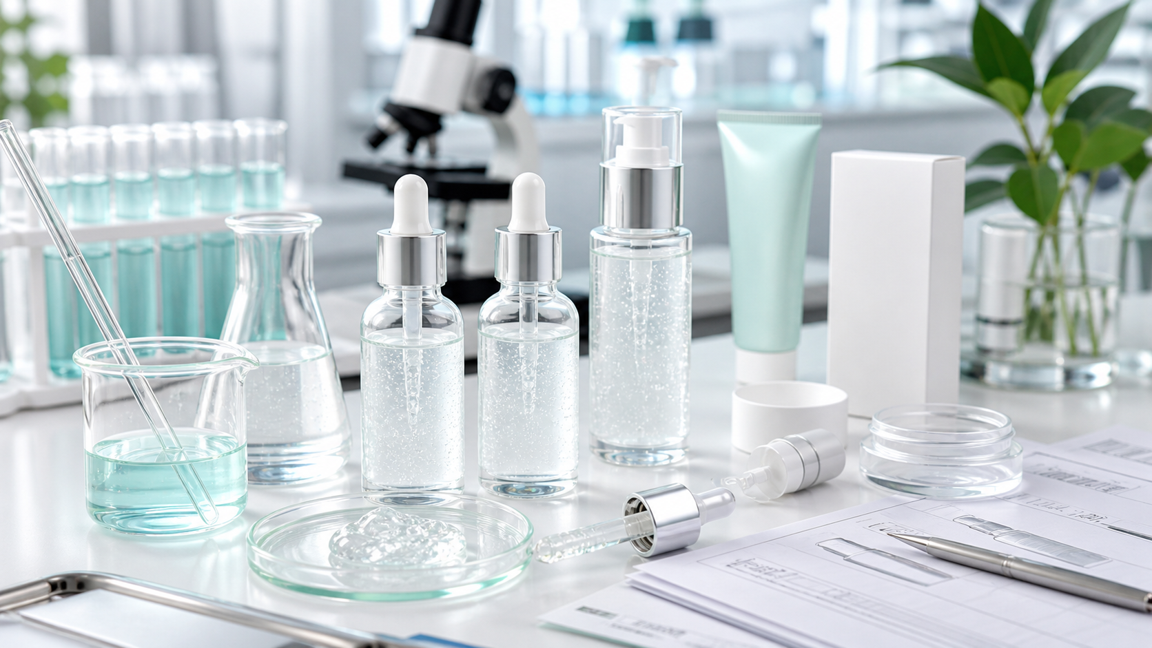 Hyaluronic acid serum OEM ODM development with unbranded serum bottles clear gel samples lab glassware and blank packaging
