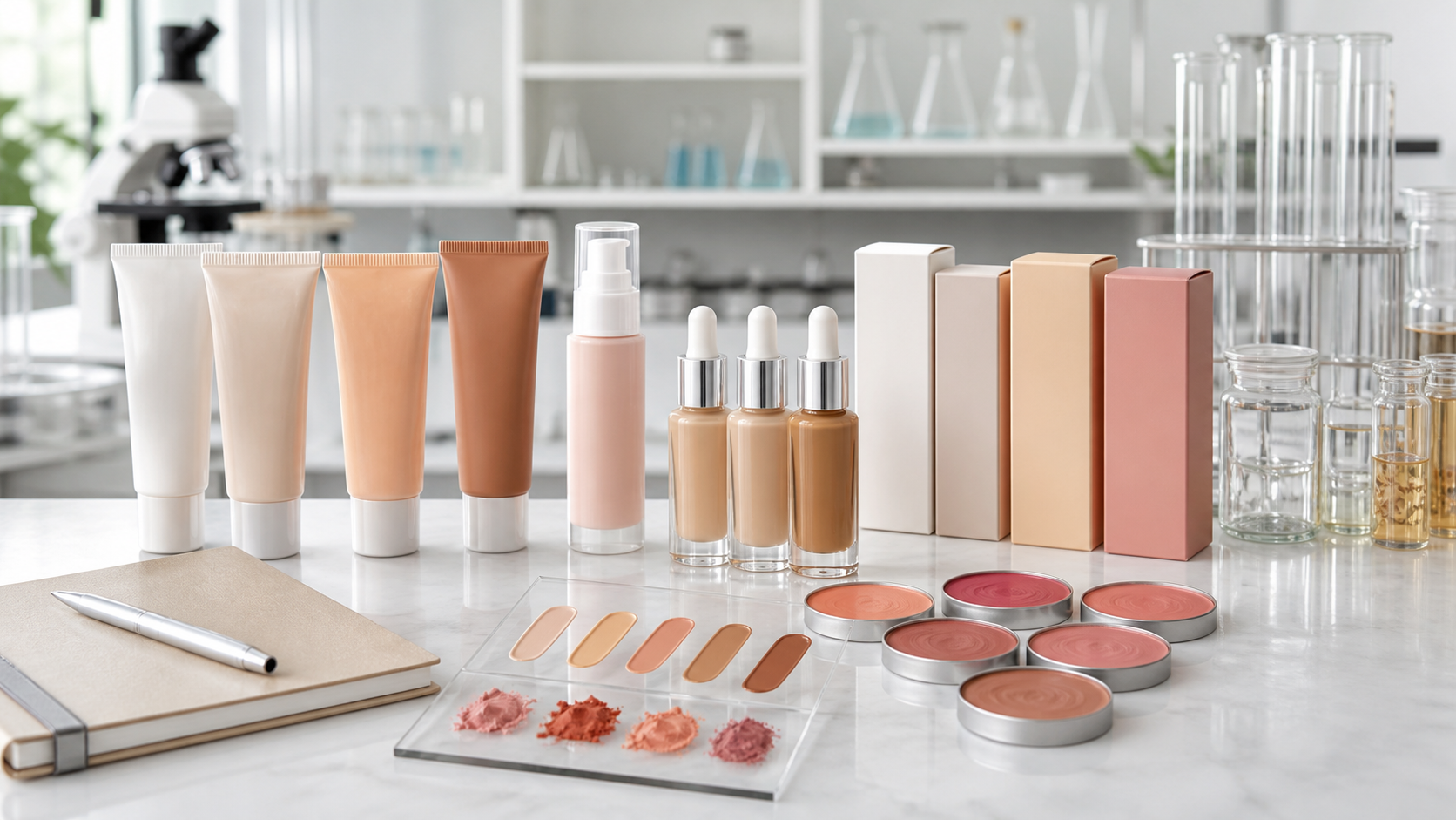 Гибридный макияж OEM/ODM: руководство для beauty-брендов OEM ODM-разработка гибридного макияжа: тубы skin tint без бренда, сывороточная тональная основа, пипетки, помпы праймера, бальзамы для губ и щёк, пигментные свотчи, коробки и лабораторные образцы