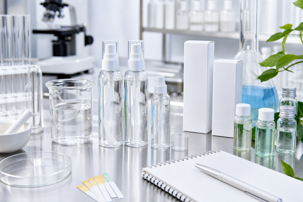 Unbranded hypochlorous facial spray OEM ODM development with clear spray bottles, pump components, solution beakers, pH strips, and blank packaging prototypes