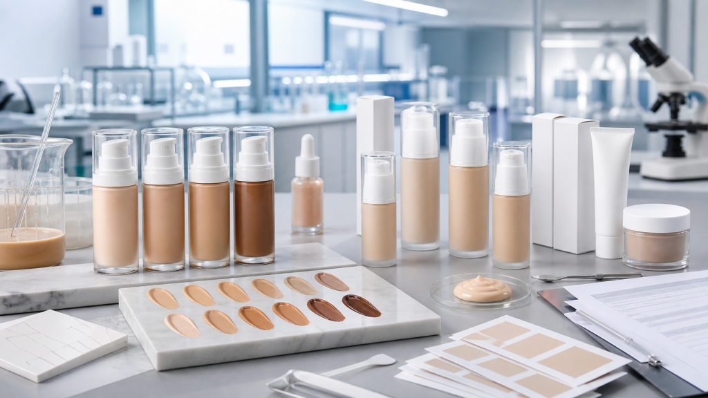 Liquid foundation OEM ODM development with unbranded bottles shade swatches packaging samples and cosmetic lab testing tools
