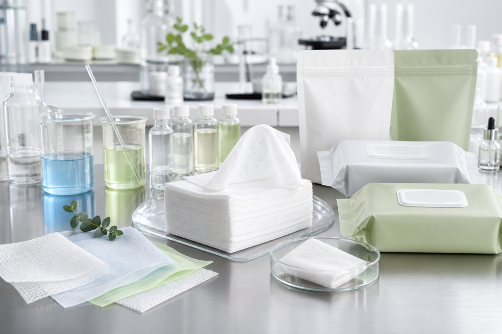 Unbranded makeup remover wipes OEM/ODM development with nonwoven sheet samples, cleansing liquid beakers, blank resealable pouches, and packaging prototypes