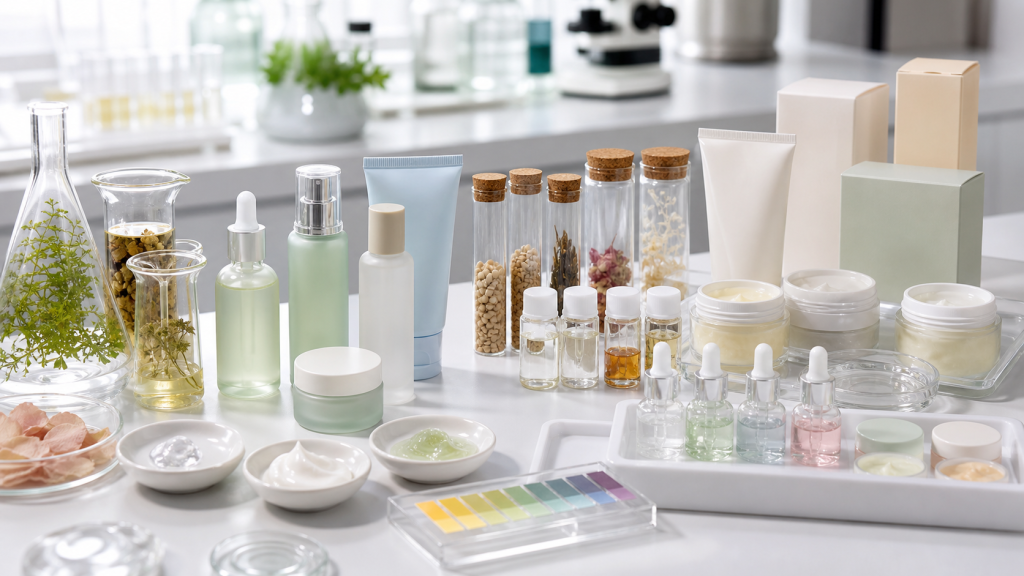 Microbiome skincare OEM ODM development with unbranded serum bottles cream jars cleanser tubes prebiotic ingredient vials fermented botanical samples pH strips stability jars and blank cartons
