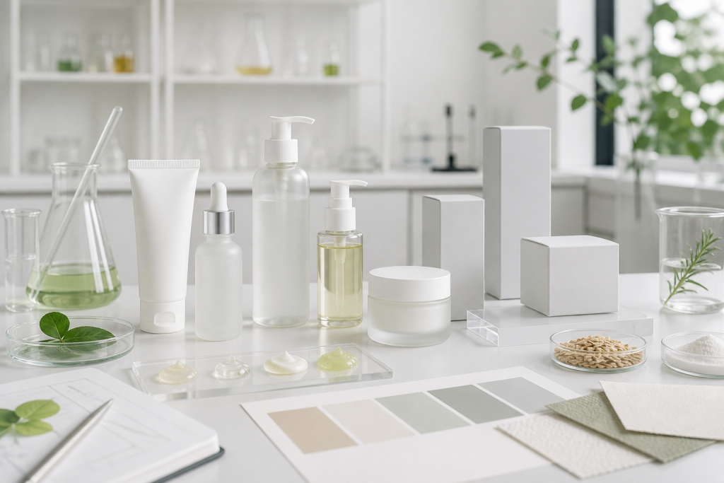 Minimalist Skincare Product Ideas for Modern Brands Unbranded minimalist skincare product development scene with blank bottles jars formula samples and packaging swatches