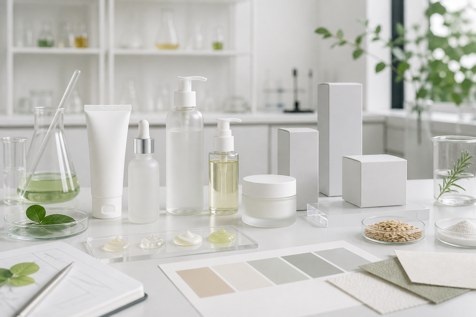 Minimalist Skincare Product Ideas for Modern Brands Unbranded minimalist skincare product development scene with blank bottles jars formula samples and packaging swatches