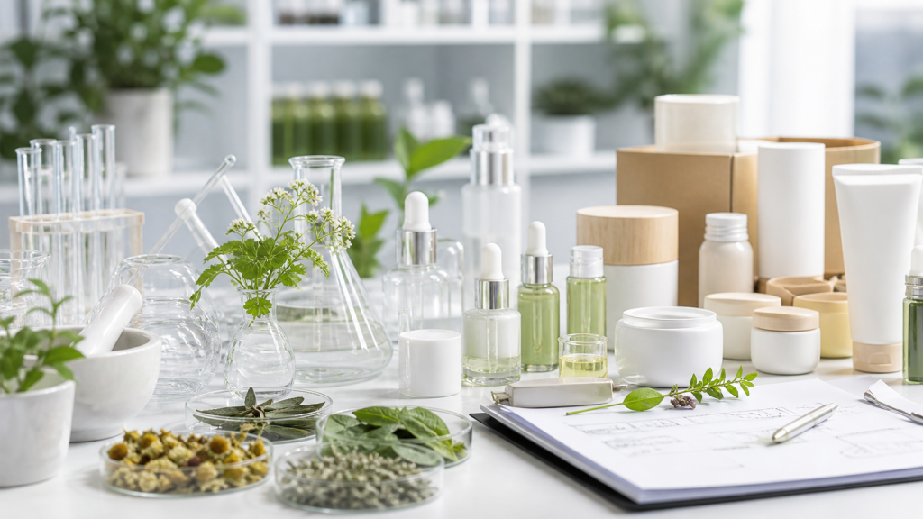 Natural skincare OEM ODM producto development with botanical ingredients lab samples unbranded bottles and packaging prototypes