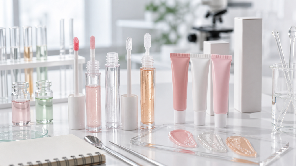 Peptide Lip Oil OEM/ODM Guide for Beauty Brands Peptide lip oil OEM ODM development with unbranded lip oil tubes applicators glossy texture swatches ingredient vials and blank packaging mockups