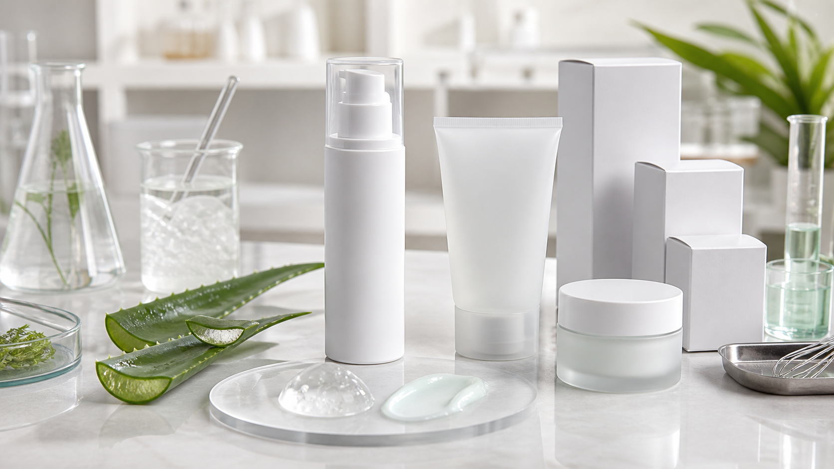 How to Develop a Post-Sun Skincare Product Post-sun skincare product OEM ODM development with unbranded bottles tubes jars gel texture swatches aloe-like botanicals and packaging samples in a cosmetic lab