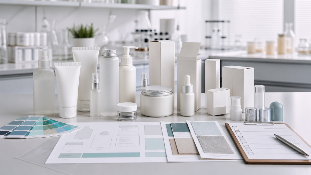 Label, Box, and Bottle Design Tips for Private Label Cosmetics Private label cosmetic packaging design with unbranded bottles cartons label proofs color swatches and QC checklist