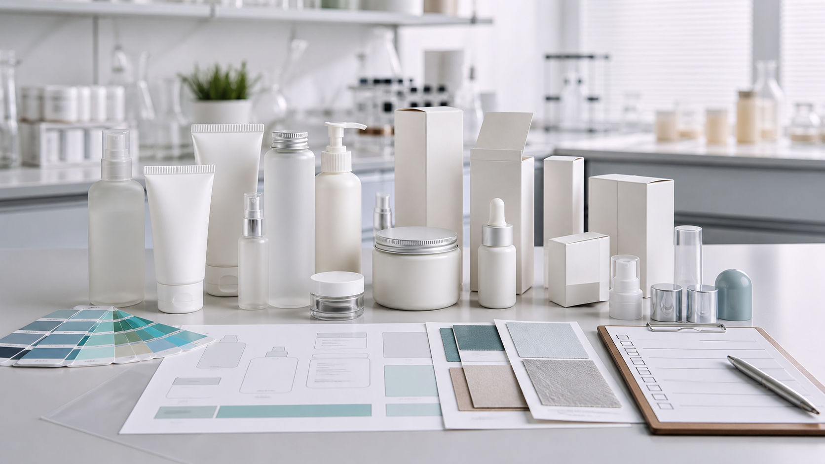 Private label cosmetic packaging design with unbranded bottles cartons label proofs color swatches and QC checklist