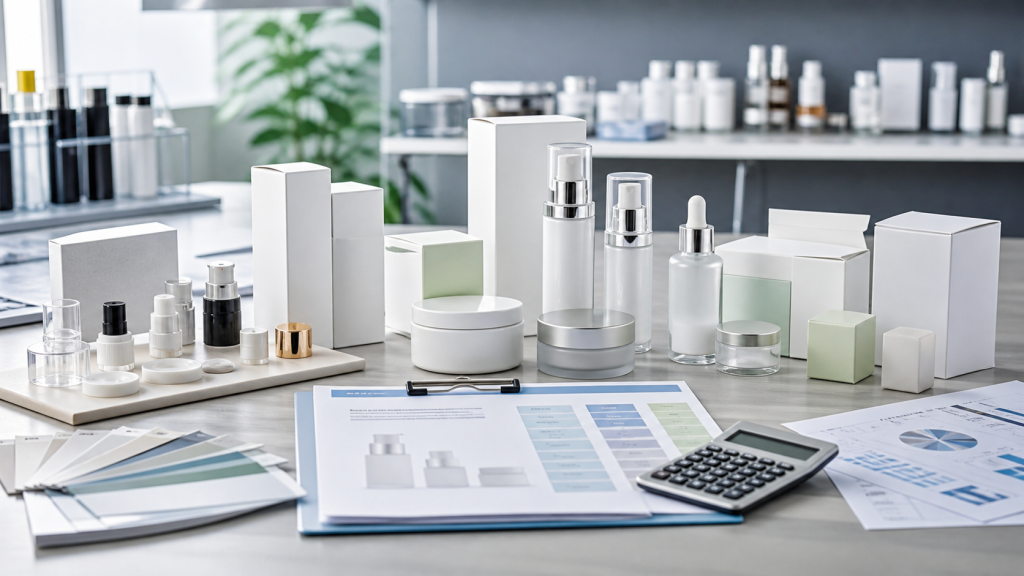Private label skincare pricing planning with unbranded bottles packaging samples calculator and cosmetic OEM quotation documents