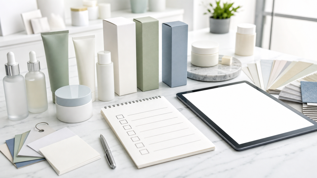 Private label beauty product launch content checklist with unbranded skincare packaging samples blank tablet and planning sheet