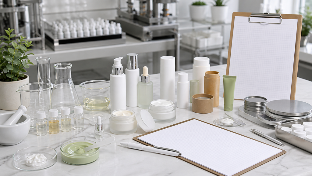 How to Handle Product Reformulation with an OEM Factory Cosmetic product reformulation planning with unbranded skincare samples lab beakers packaging components blank formula sheets and QC tools