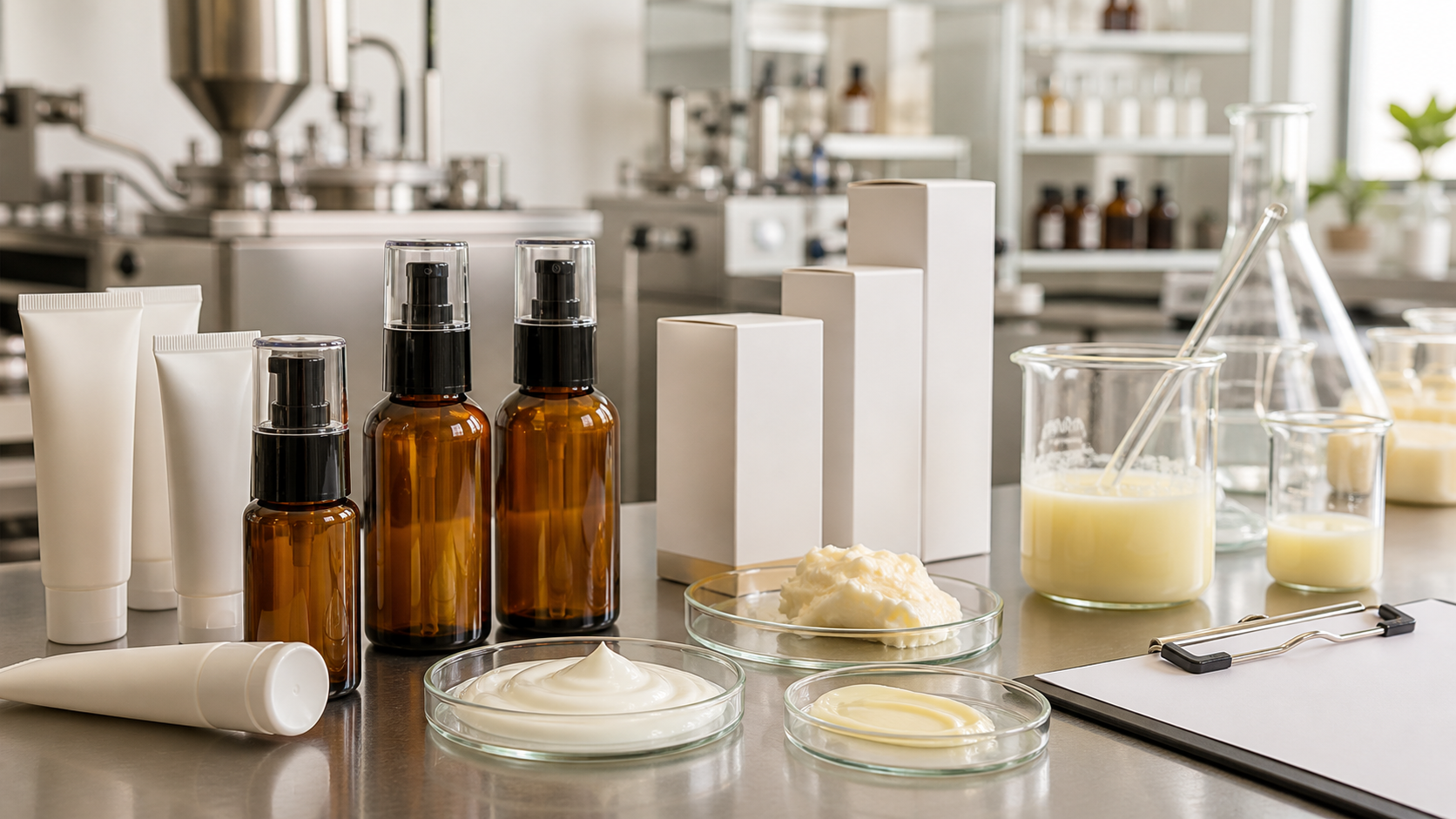 Retinol Skincare Manufacturer Guide for Beauty Brands Retinol skincare OEM manufacturing with unbranded amber airless bottles cream samples lab beakers and blank cartons