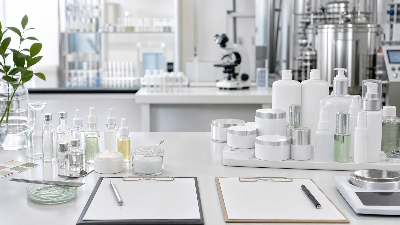 Sample Order vs Bulk Order in Cosmetic Manufacturing Cosmetic sample order and bulk order comparison with unbranded lab samples finished containers and quality control tools
