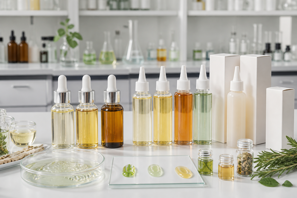 Серум для кожи головы: OEM/ODM-гид для beauty-брендов Scalp serum OEM ODM development with unbranded dropper bottles nozzle applicators botanical vials blank packaging and gel serum texture samples