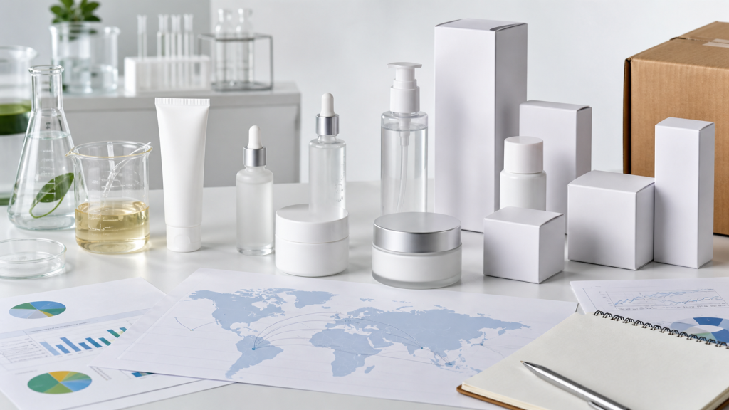 Selling Cosmetics in Different Markets: B2B Checklist International cosmetic market planning with unbranded skincare bottles, blank cartons, market documents, lab samples and export packaging