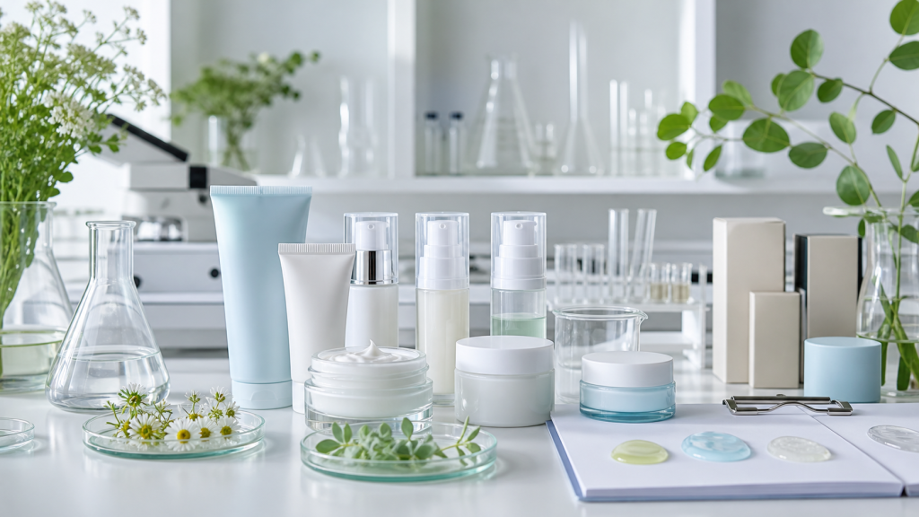 Sensitive Skin Product Opportunities for Brands Sensitive skin skincare product development with unbranded gentle skincare samples lab glassware and packaging mockups