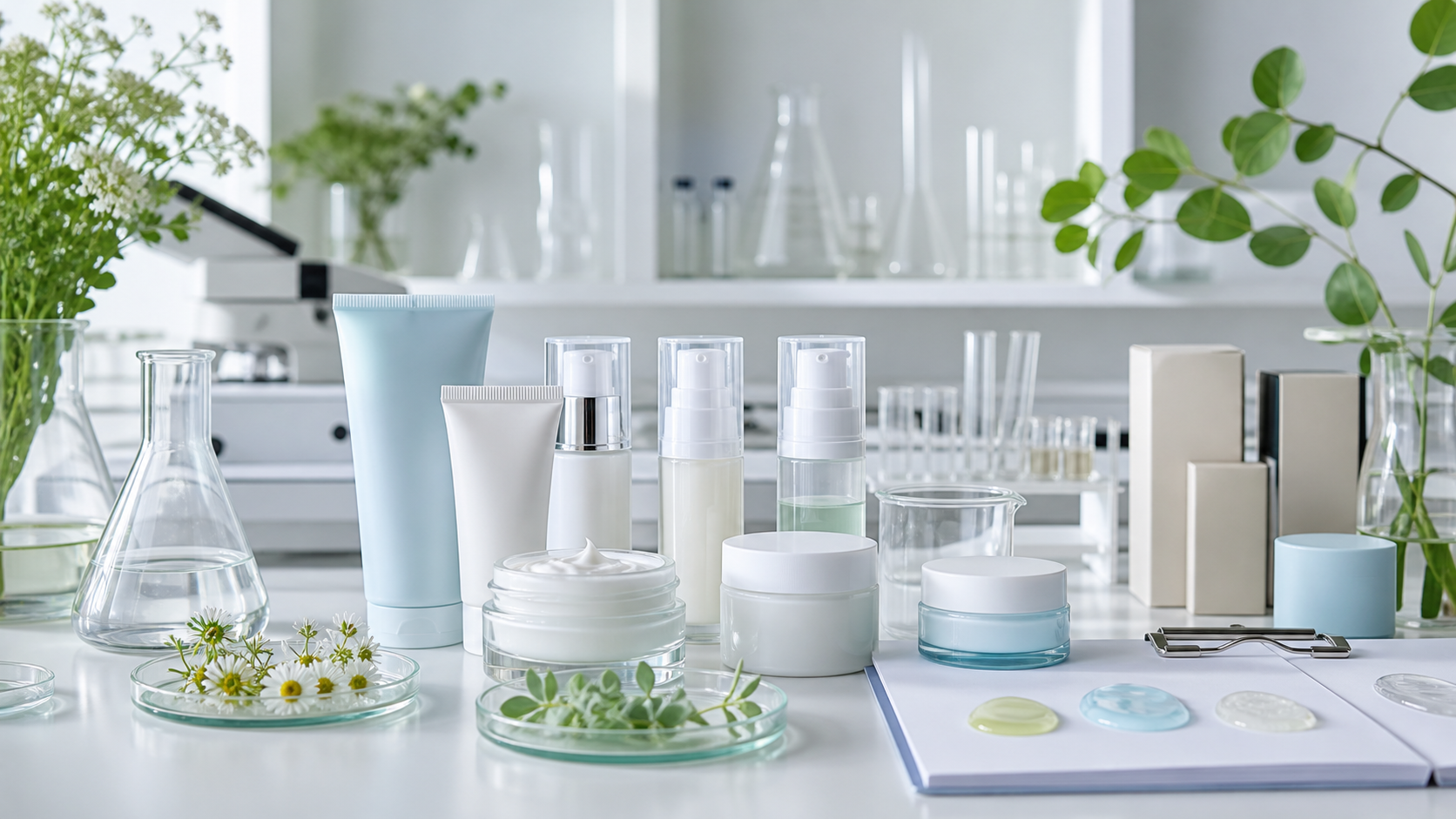 Sensitive Skin Product Opportunities for Brands Sensitive skin skincare product development with unbranded gentle skincare samples lab glassware and packaging mockups