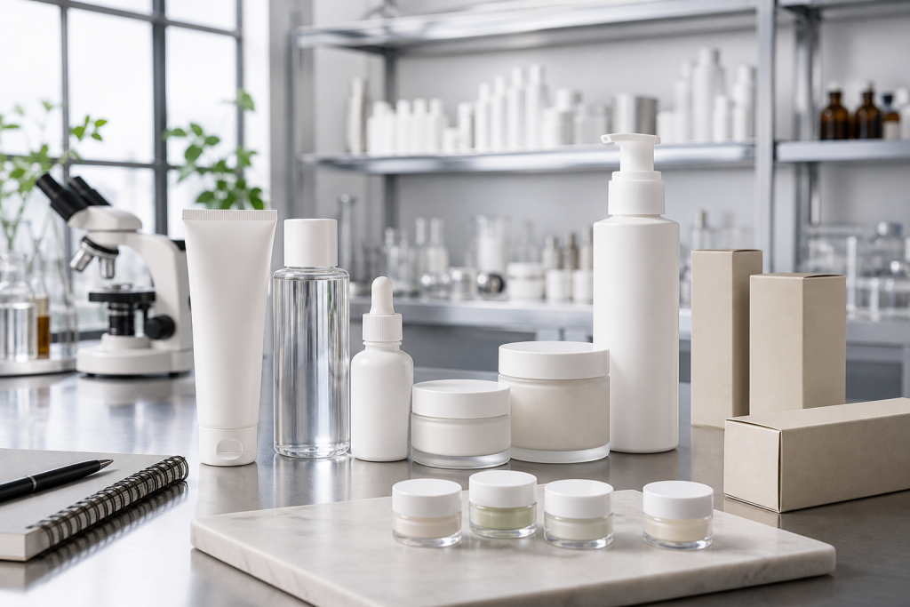 Skincare producto range case study with unbranded cleanser toner sérum crema mask samples cartons and cosmetic lab planning workspace