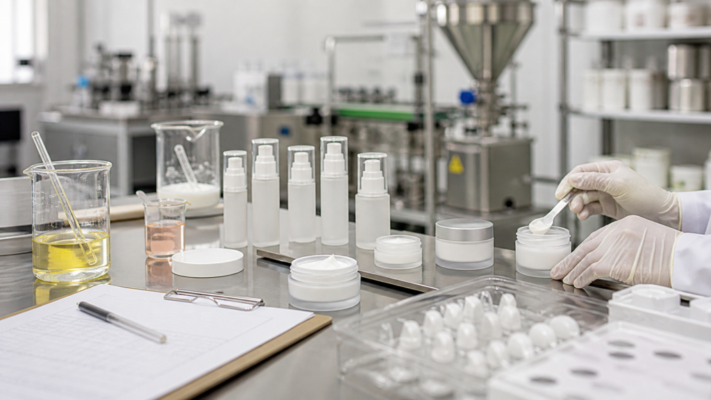 Small Batch Cosmetic Manufacturing: What Brands Need to Know Small batch cosmetic manufacturing with unbranded skincare samples filling equipment lab beakers and pilot production planning