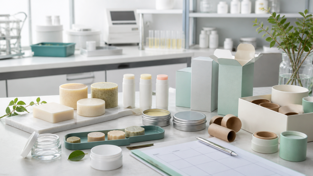 Solid Skincare Products for Private Label Brands Solid skincare products private label manufacturing with unbranded bars balm sticks tins packaging samples and QC workspace