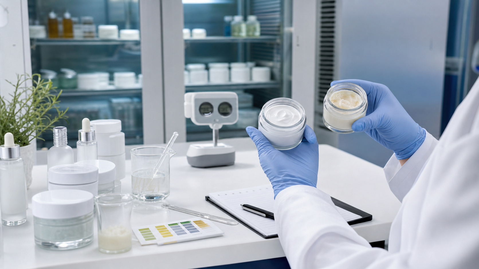 How Stability Testing Helps Reduce Product Risk Cosmetic stability testing in a clean lab with unbranded skincare jars serum bottles pH strips and controlled storage chamber